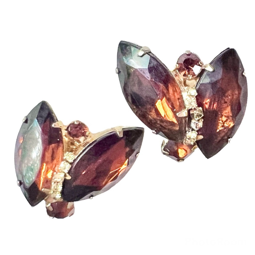 Glass Earrings Vintage Amber Maple Faceted Glass Stone Ear Clips Rhinestones